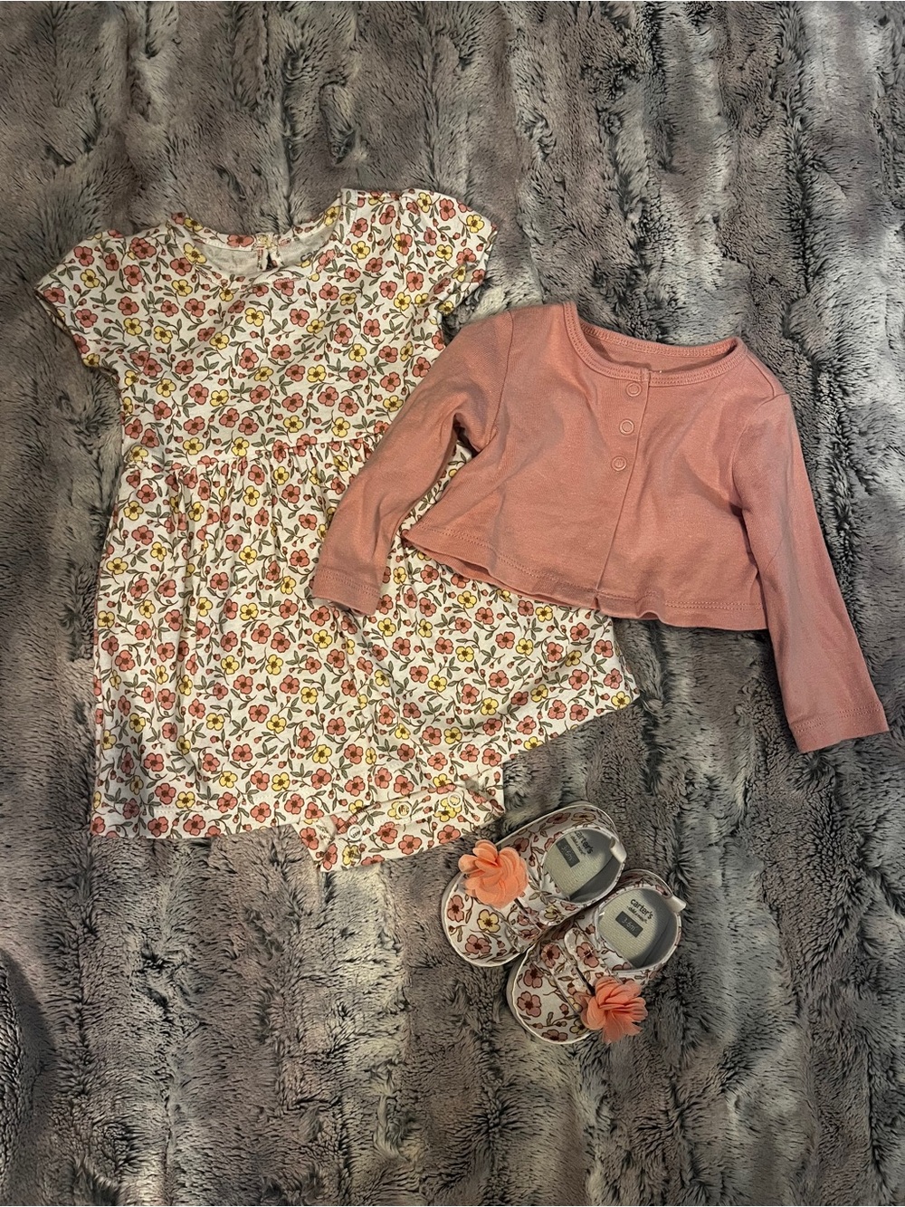 Carter’s Floral Dress with Pink Cardigan and matching shoes for baby girl!